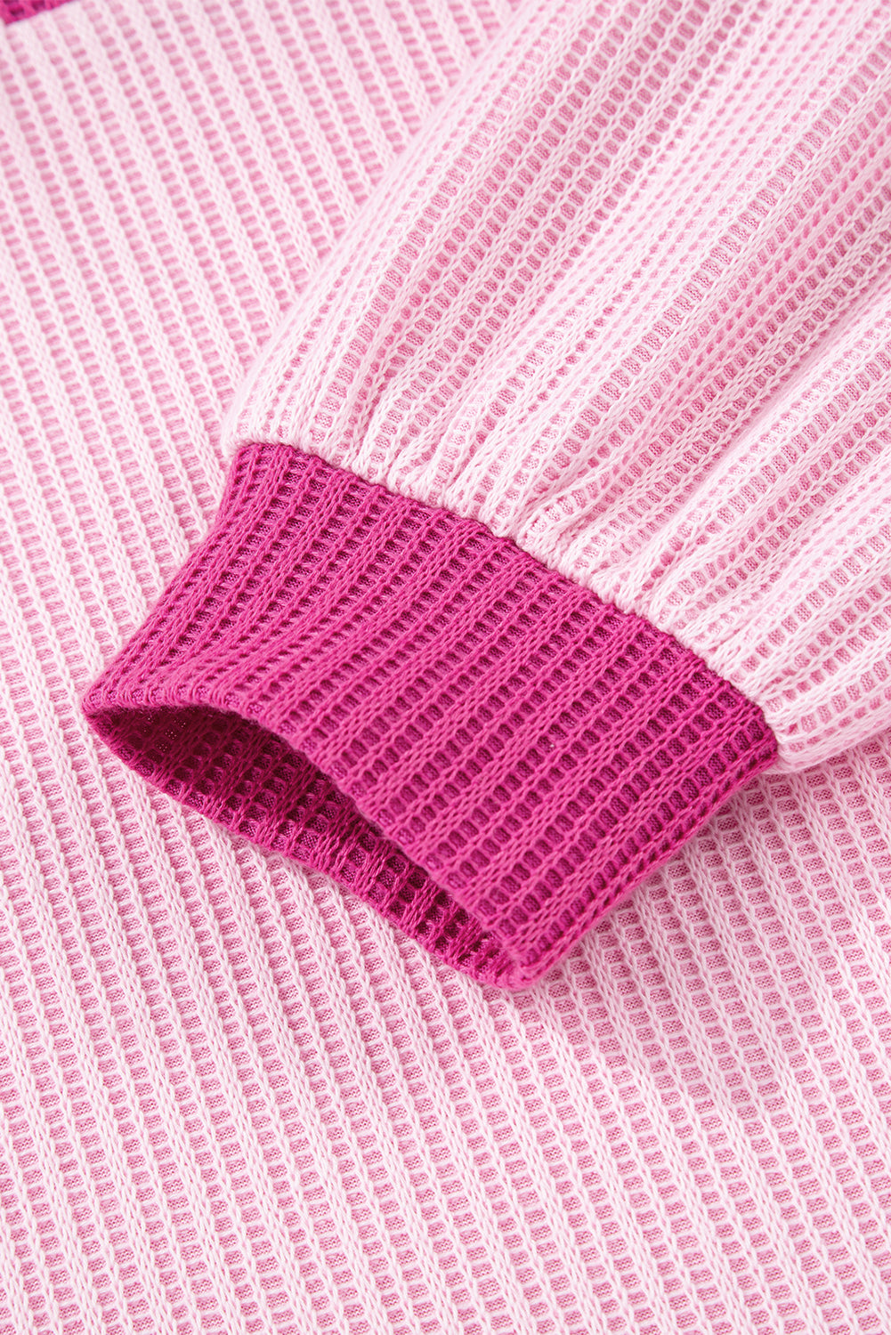 Pink Textured Knit Color Block Patchwork Button Neck Long Sleeve Top