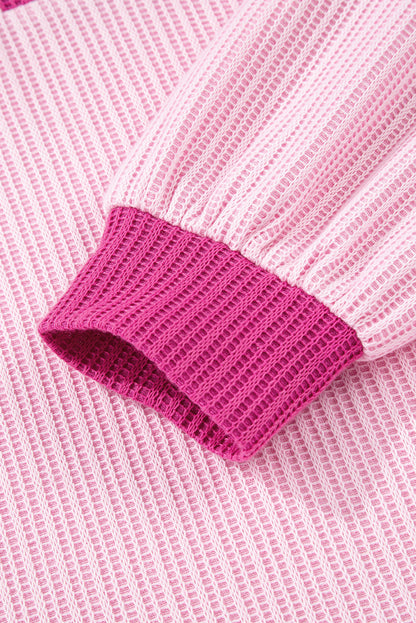 Pink Textured Knit Color Block Patchwork Button Neck Long Sleeve Top
