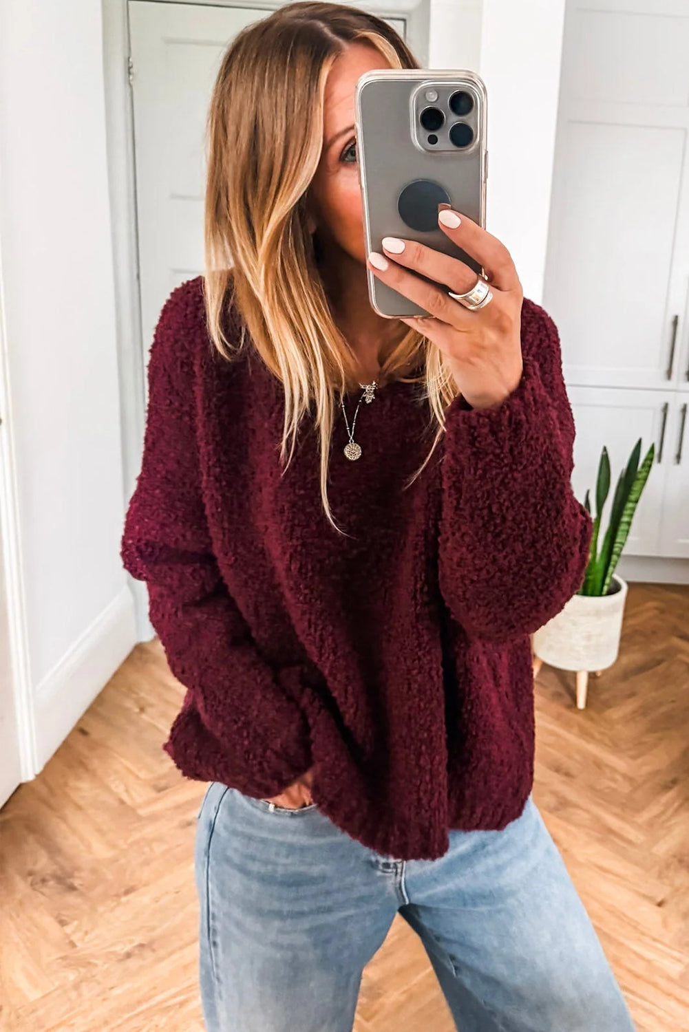 Burgundy Round Neck Fuzzy Knit Drop Shoulder Loose Sweater
