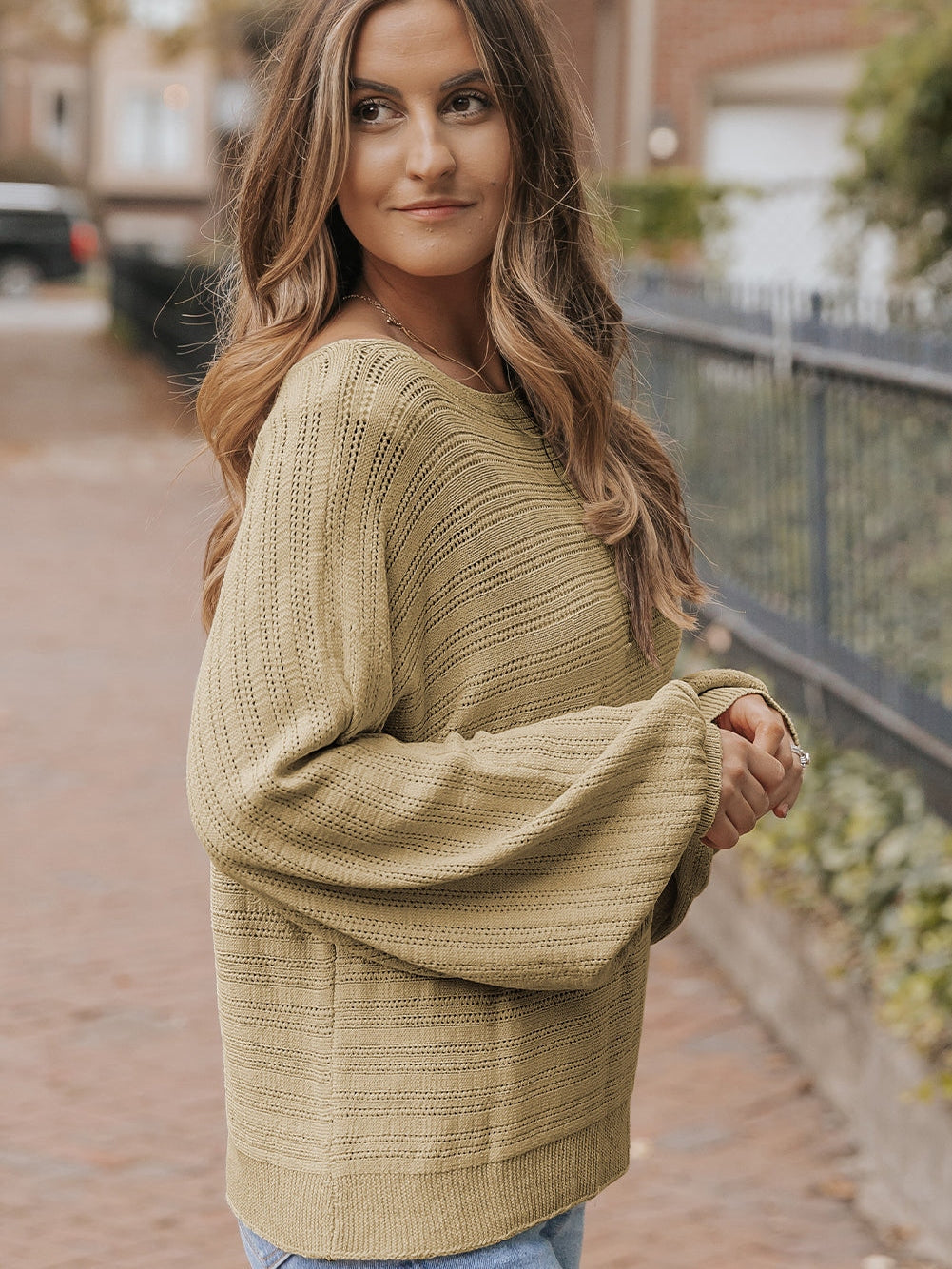 Apricot Eyelets Textured Lantern Sleeve Knit Jumper