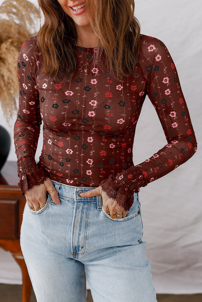 Red Floral Print Smocked Cuff Slim Fit Mesh Bodysuit