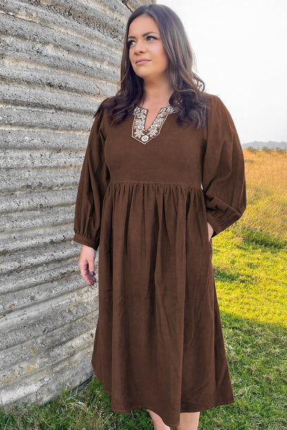 Coffee Embroidered Notched Neckline Textured Pleated High Waist Plus Size Midi Dress