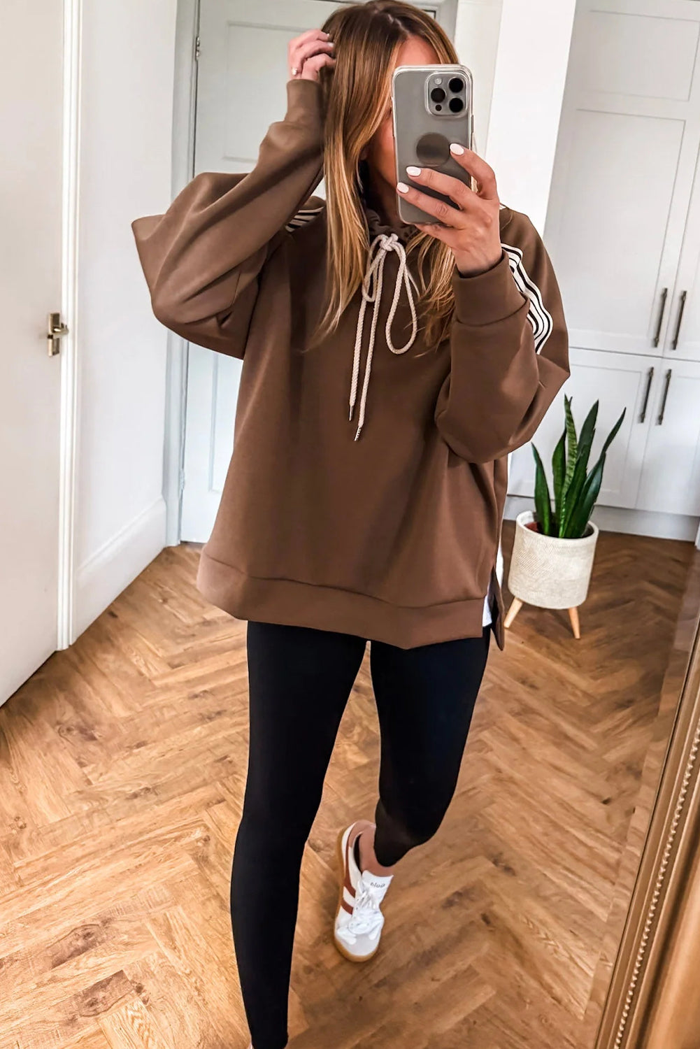 Chestnut Preppy Striped Detail Drawstring Baggy Hoodie