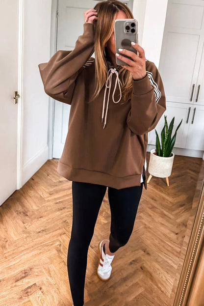 Chestnut Preppy Striped Detail Drawstring Baggy Hoodie