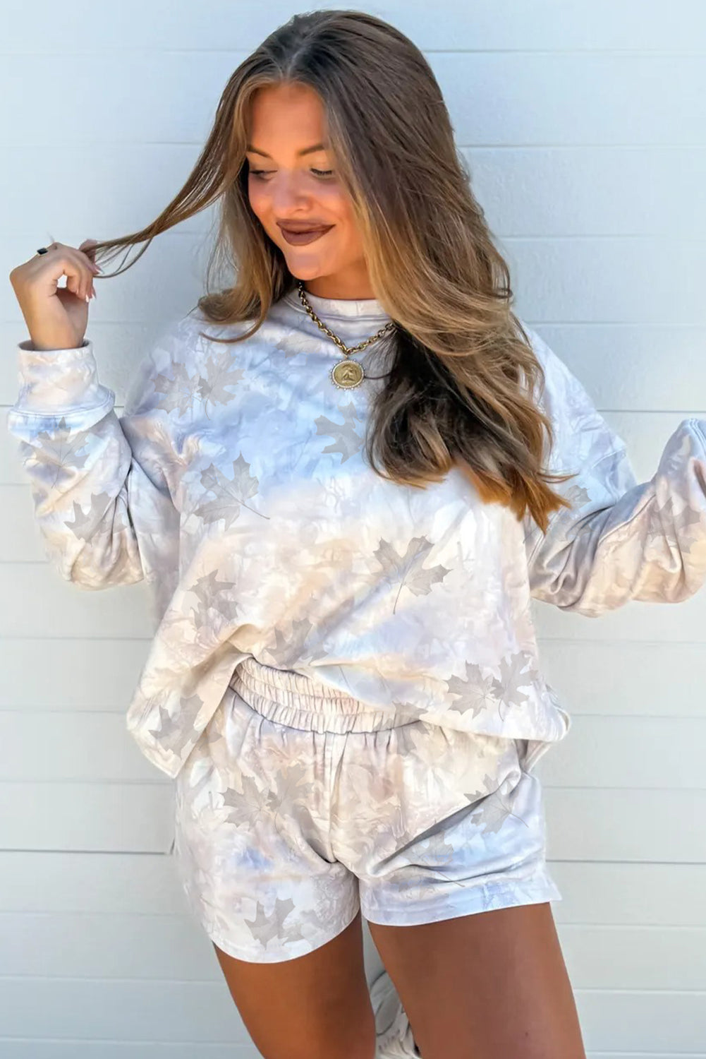 Beige Camo Print Pullover Top and Elastic Waist Casual Short Set