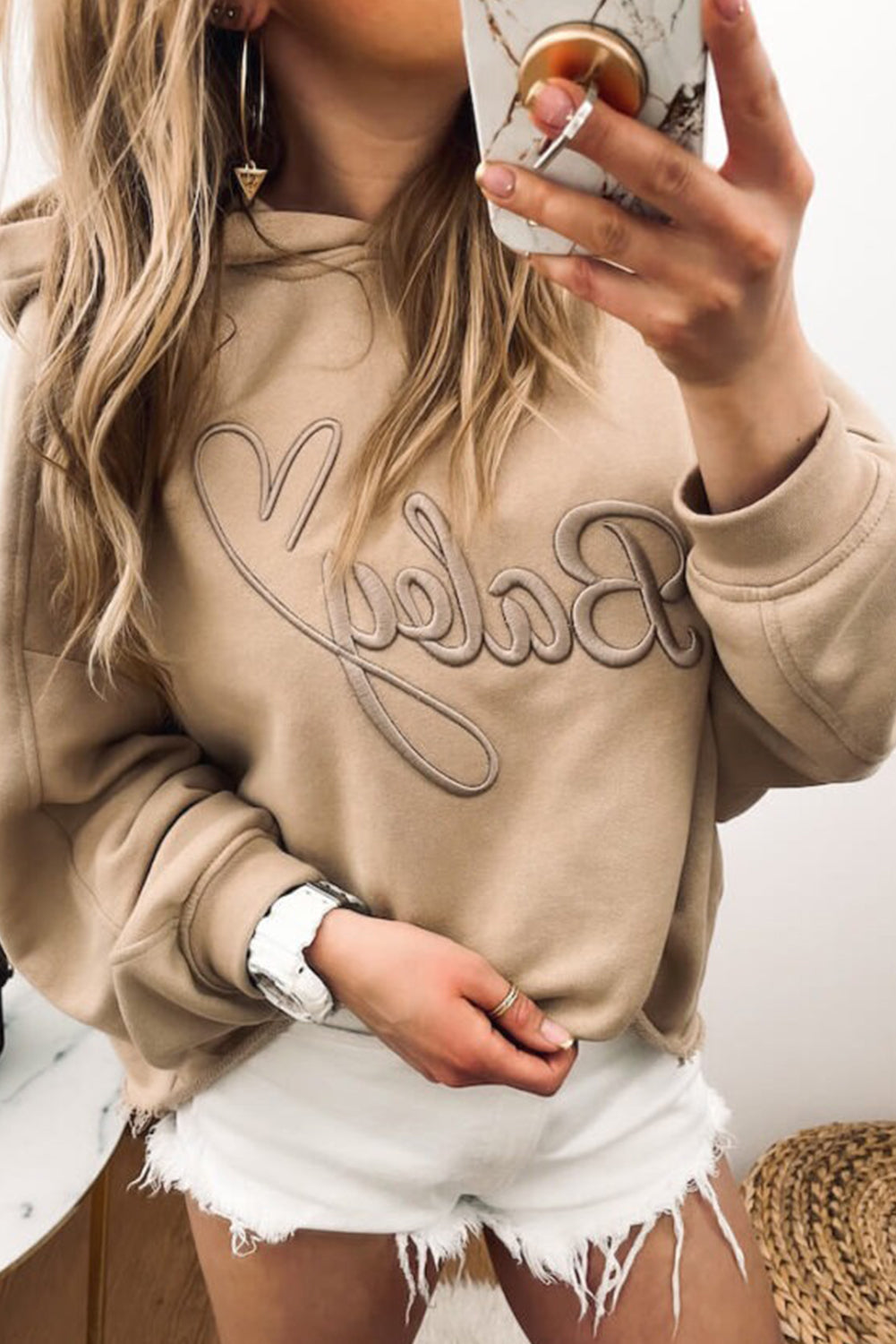 Parchment Baby Letter Embroidered Drop Shoulder Hoodie