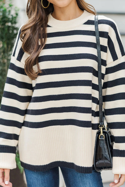 Black Stripe Ribbed Buttoned Detail Drop Shoulder Tunic Sweater