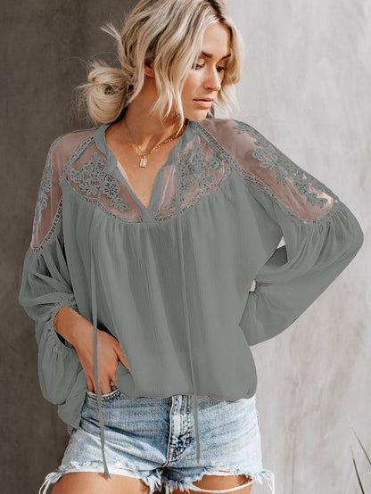 Elegant Gray Lace Detail V-Neck Blouse