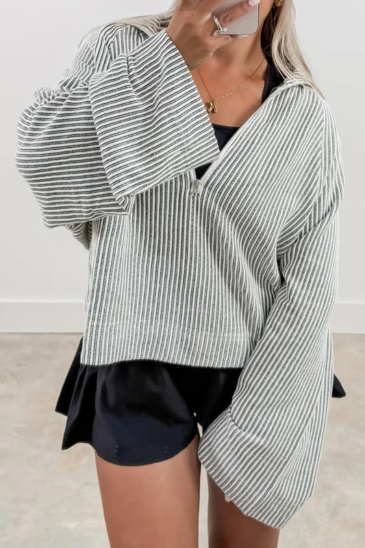 High Textured Half Zipper Collared Wide Sleeve Top