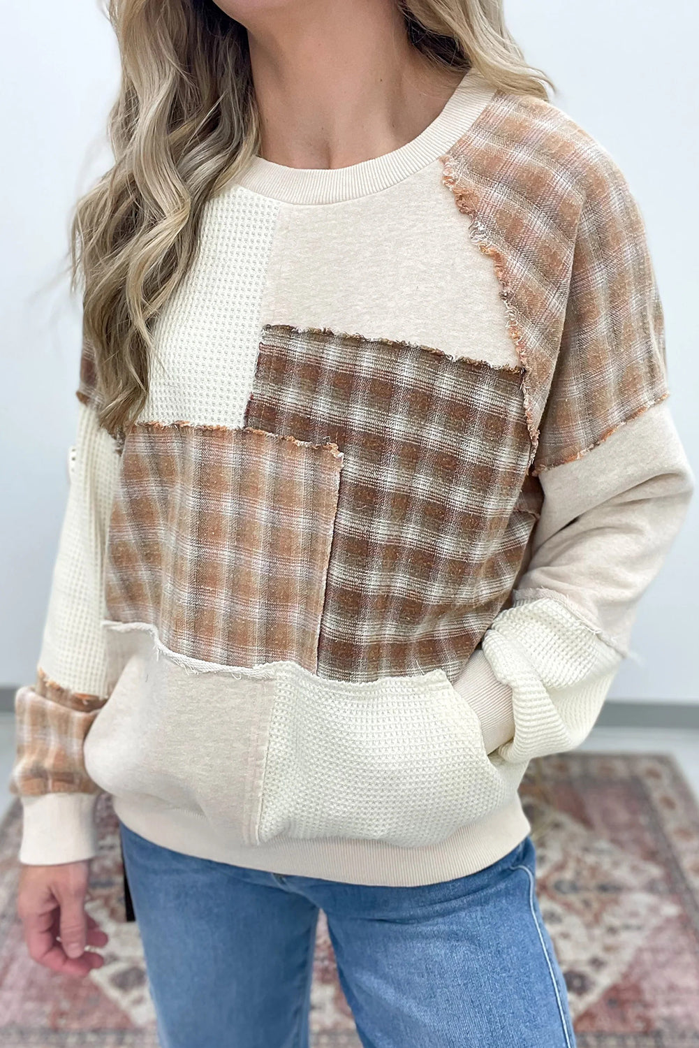 Jet Stream Plaid Waffle Patchwork Kangaroo Pocket Long Sleeve Top