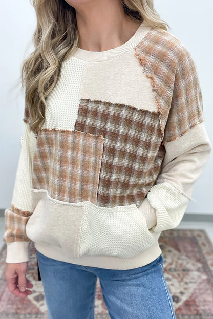 Jet Stream Plaid Waffle Patchwork Kangaroo Pocket Long Sleeve Top