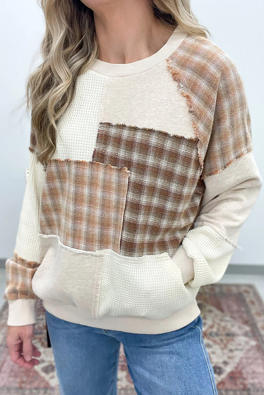 Jet Stream Plaid Waffle Patchwork Kangaroo Pocket Long Sleeve Top
