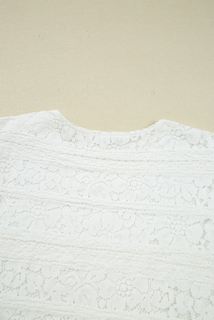 White Lace Crochet Round Neck Puff Sleeve Shift Mini Dress