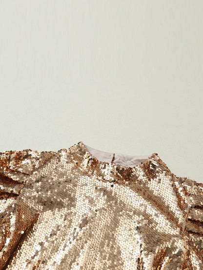 Apricot Sequin Mock Neck Puff Sleeve Sheath Top