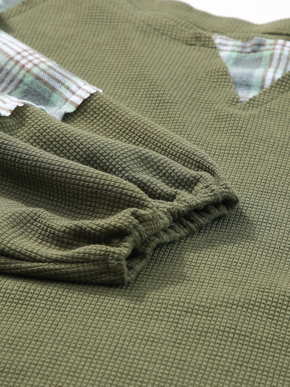Green Plaid Bubble Sleeve Waffle Knit Patchwork Top