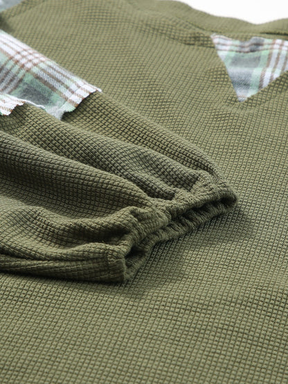 Green Plaid Bubble Sleeve Waffle Knit Patchwork Top