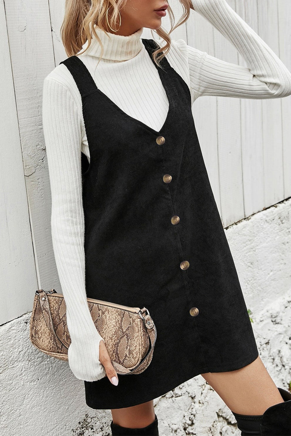Black V Neck Button Front Sleeveless Corduroy Mini Dress
