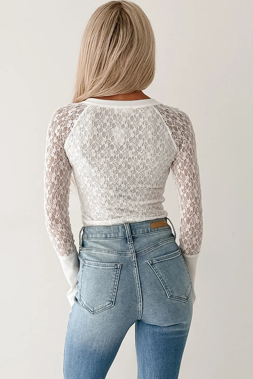 White Sheer Lace Long Sleeve Slim Henley Top
