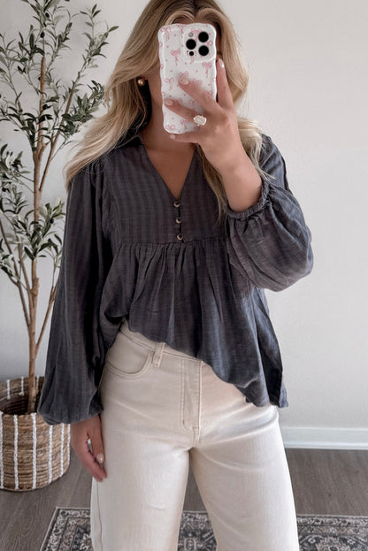 Dark Grey Striped Print Collared Button V Neck Long Puff Sleeve Peplum Blouse