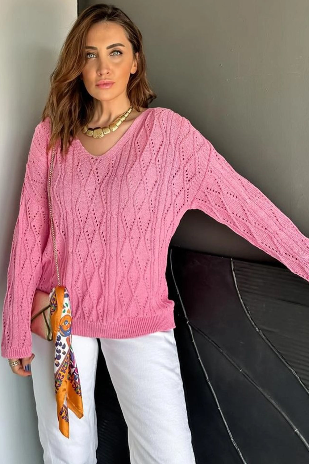 Sachet Pink Geometric Textured Crisscross Lace up Knit V Neck Sweater