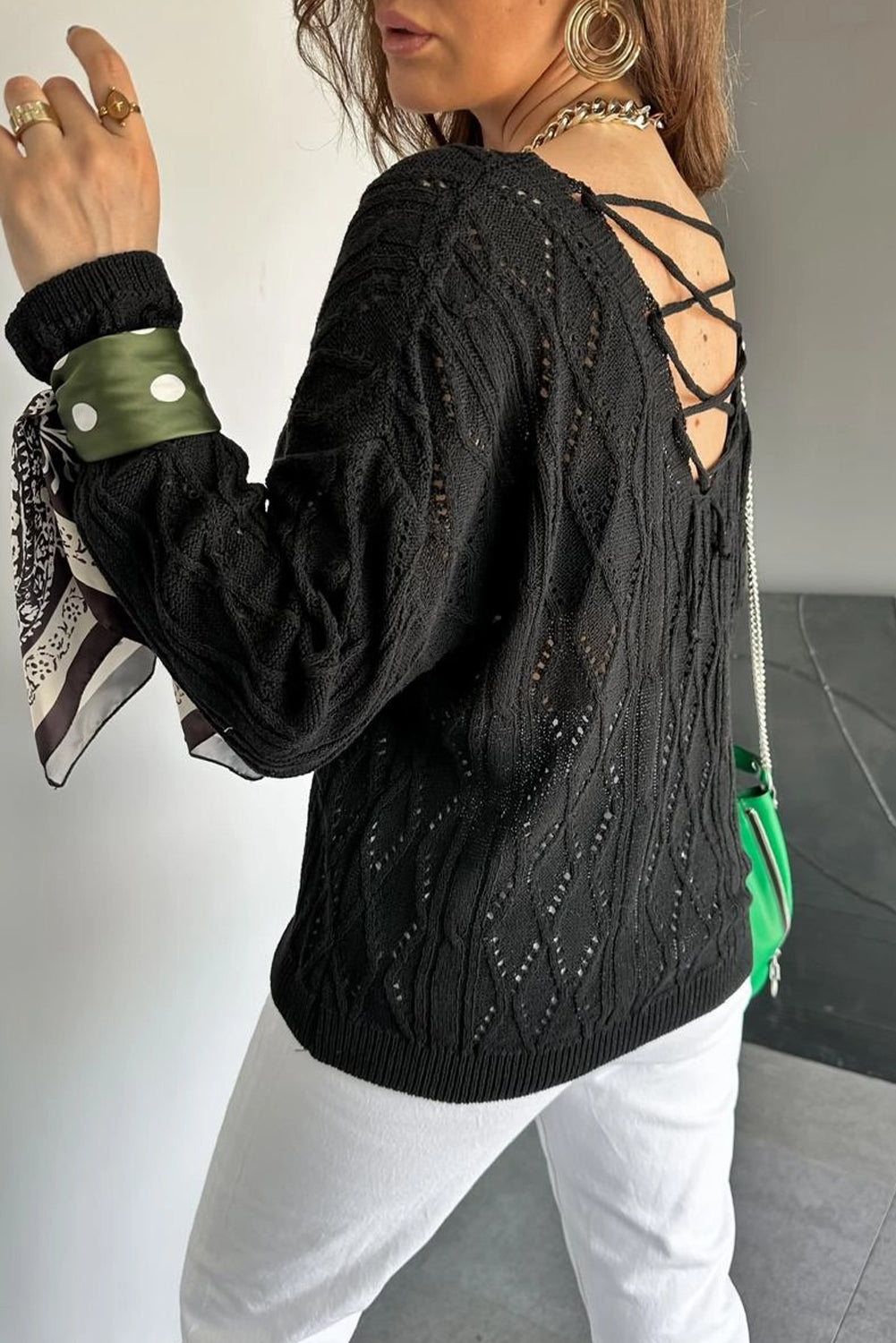 Black Geometric Textured Crisscross Lace up Knit V Neck Sweater