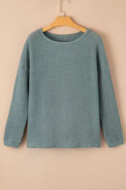 Green Waffle Knit Drop Shoulder Long Sleeve Top
