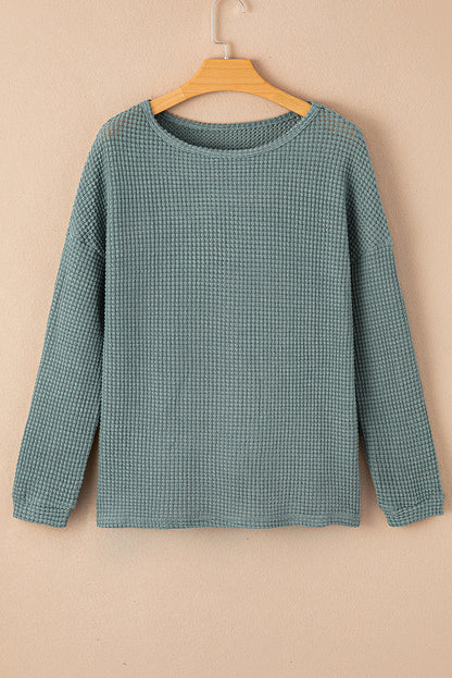 Green Waffle Knit Drop Shoulder Long Sleeve Top