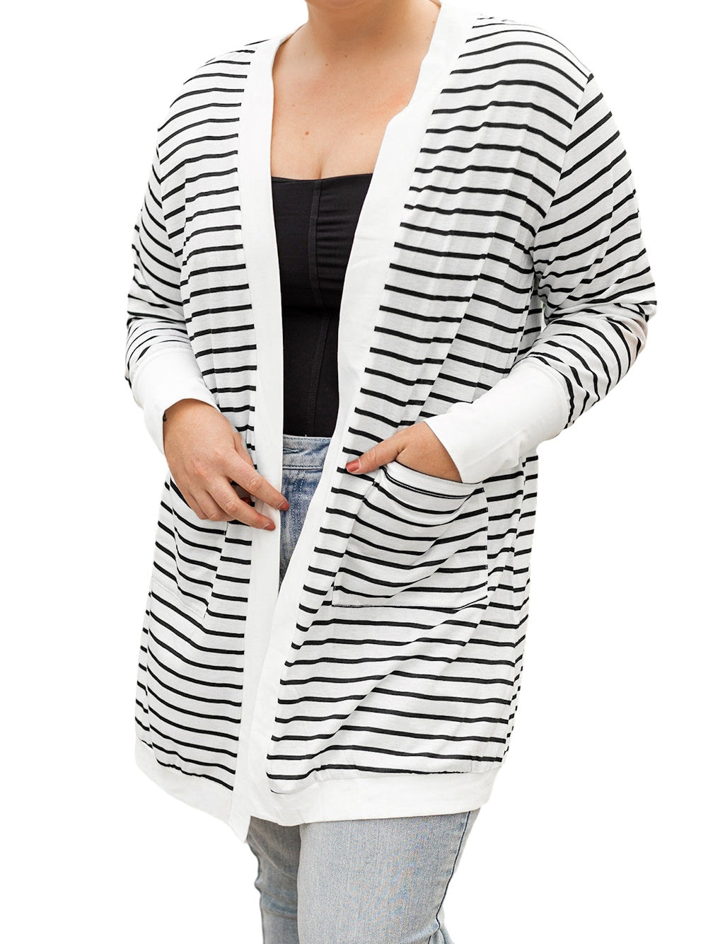 White Extended Long Sleeve Plus Size Striped Cardigan