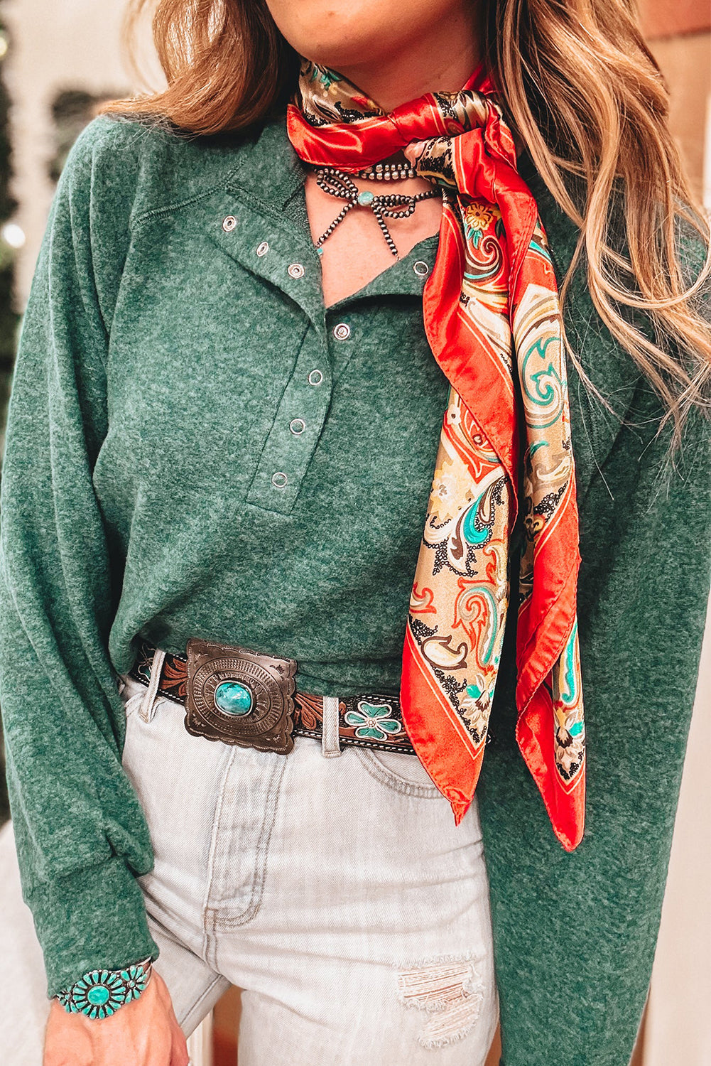 Dark Green Heather Color Raglan Sleeve Henley Top