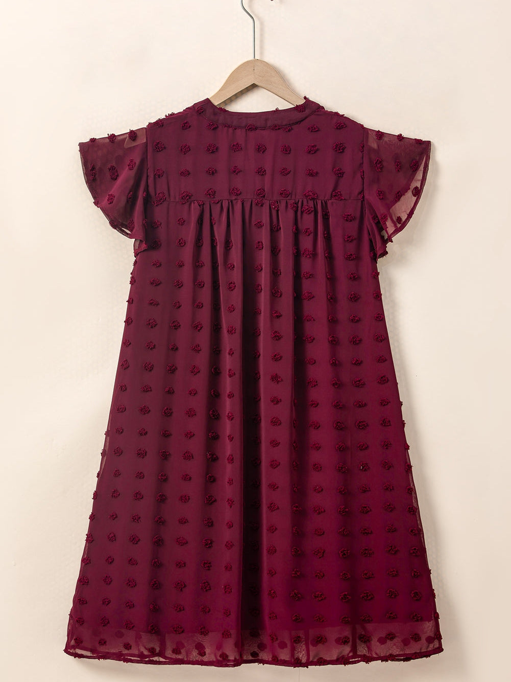 Swiss Dot Burgundy Plus Size V-Neck Mini Dress with Ruffled Sleeves