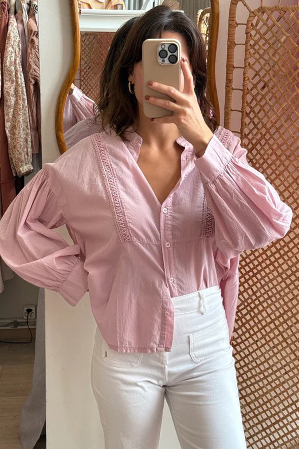 Light Pink Drop Shoulder Puff Sleeve Lace Detail Button Down Shirt