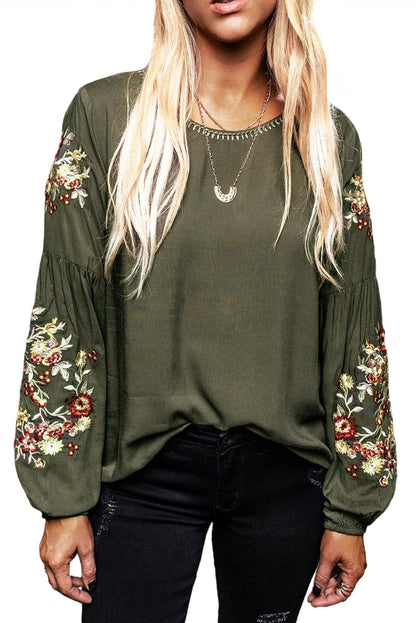 Emerald Green Floral Embroidered Crew Neck Top