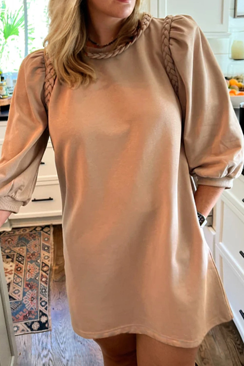 Light French Beige Braided Trim Round Neck 3/4 Sleeve Plus Size Shift T Shirt Dress