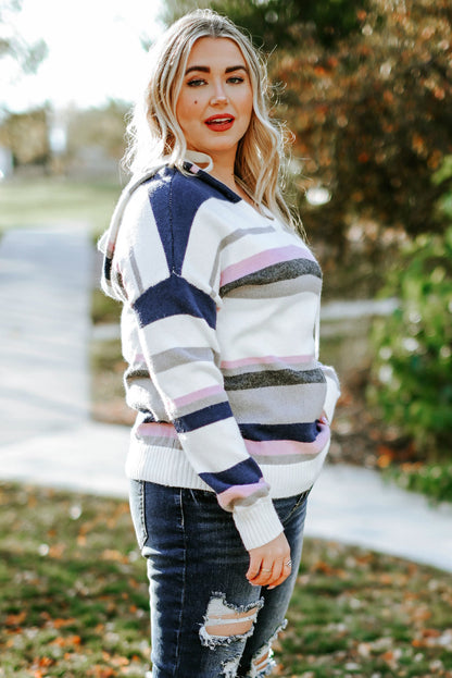 Stripe Oversized Hooded Knit Sweater for Curvy Women