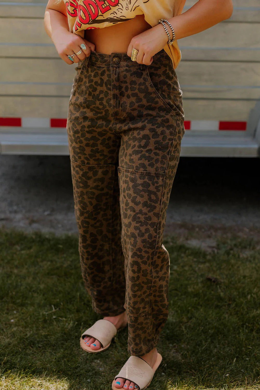 Brown Clear Seam Detail Patchwork Leopard Print Jeans