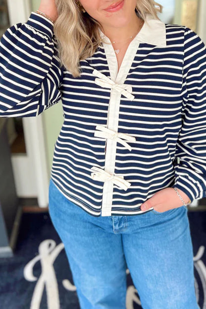 White Stripe Tied Front Collared Puff Sleeve Knit Top