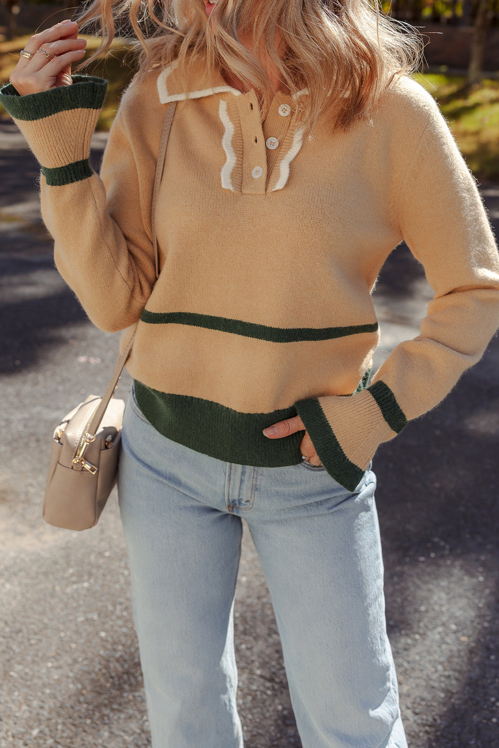 Light French Beige Contrast Trim Buttoned Collared Ruffled Sleeve Elegant Sweater