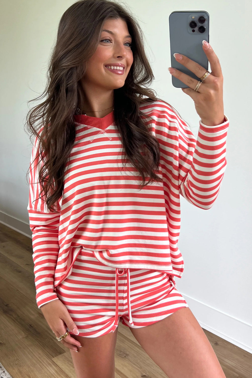 Red Stripe V Neck Long Sleeve Top Side Split Shorts 2pcs Lounge Set