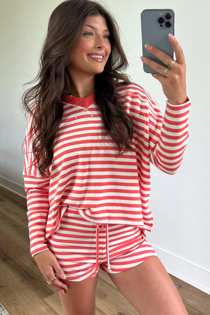 Red Stripe V Neck Long Sleeve Top Side Split Shorts 2pcs Lounge Set