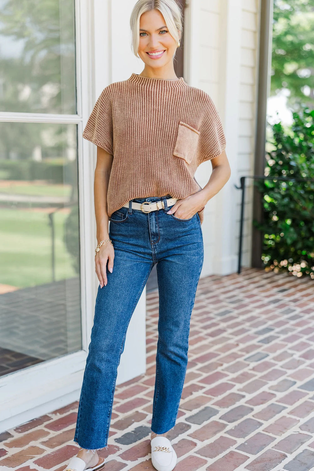 Chestnut Mineral Wash Ribbed Knit Patched Pocket Short Sleeve Loose Sweater