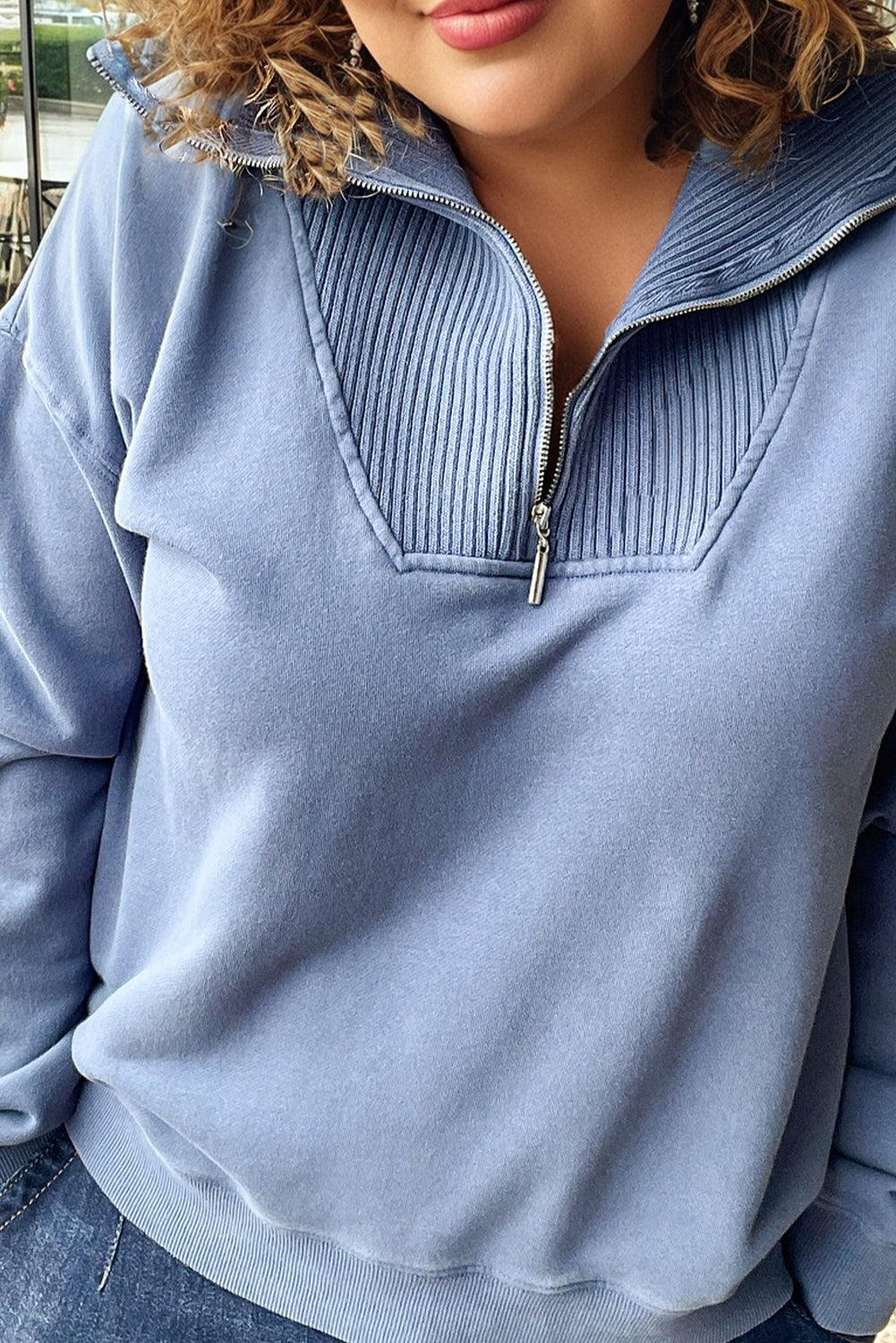 Dusk Blue Zipped Collar Drop Shoulder Solid Color Plus Sweatshirt