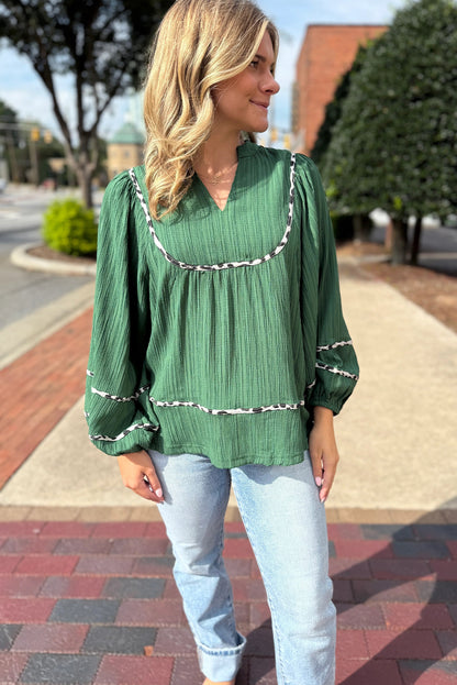 Dark Green Notched Neck Contrast Leopard Trim Long Puff Sleeve Blouse