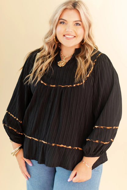 Black Plus Size Leopard Trim Split Neck Long Puff Sleeve Pleated Blouse