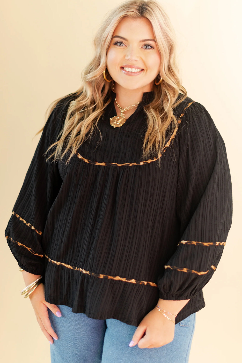 Black Plus Size Leopard Trim Split Neck Long Puff Sleeve Pleated Blouse