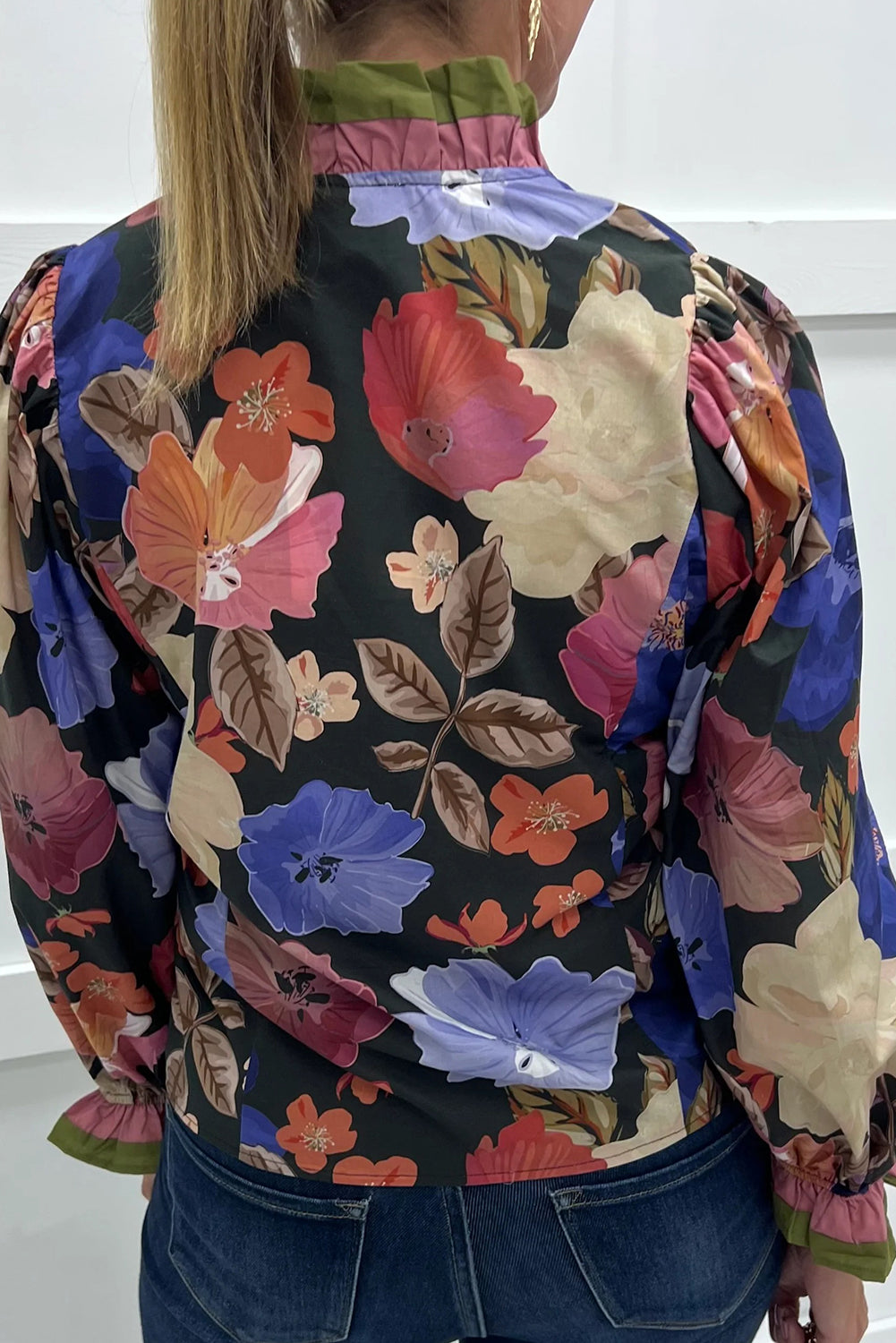 Blue Fall Leaf Floral Print Frilly Striped Trim V Neck Puff Sleeve Blouse