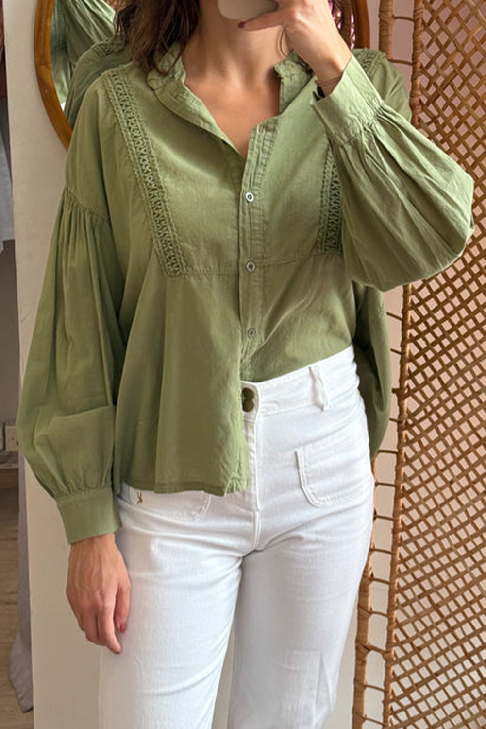 Grass Green Drop Shoulder Puff Sleeve Lace Detail Button Down Shirt