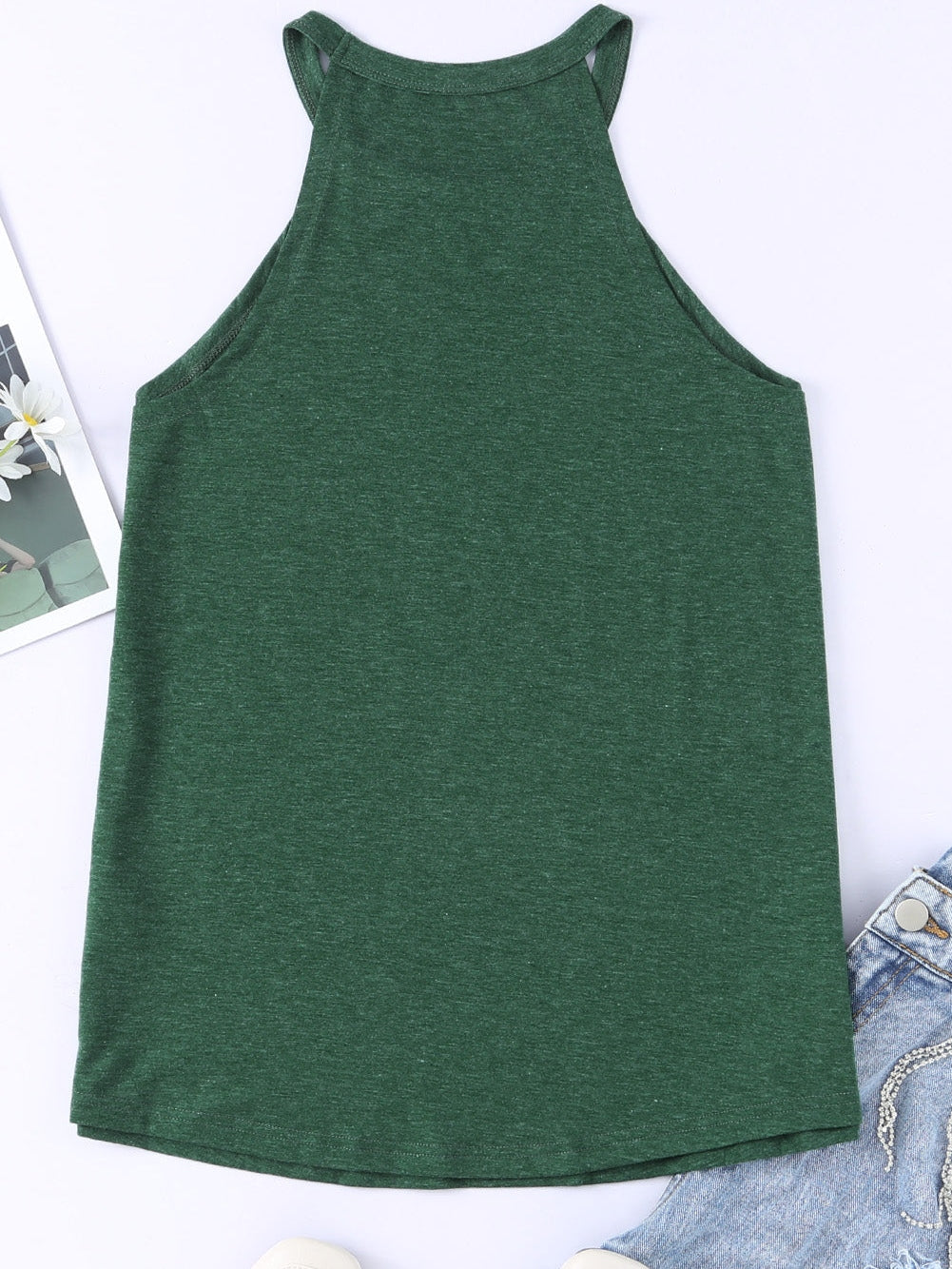 Green Sleeveless Solid Color Round Neck Tank Top