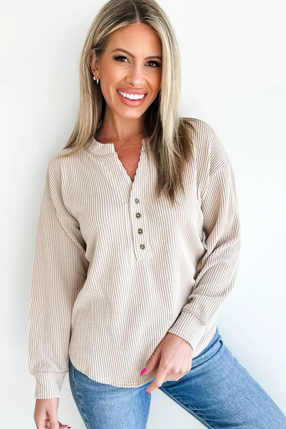Beige Twisted Ribbed Half Button Long Sleeve Loose Top