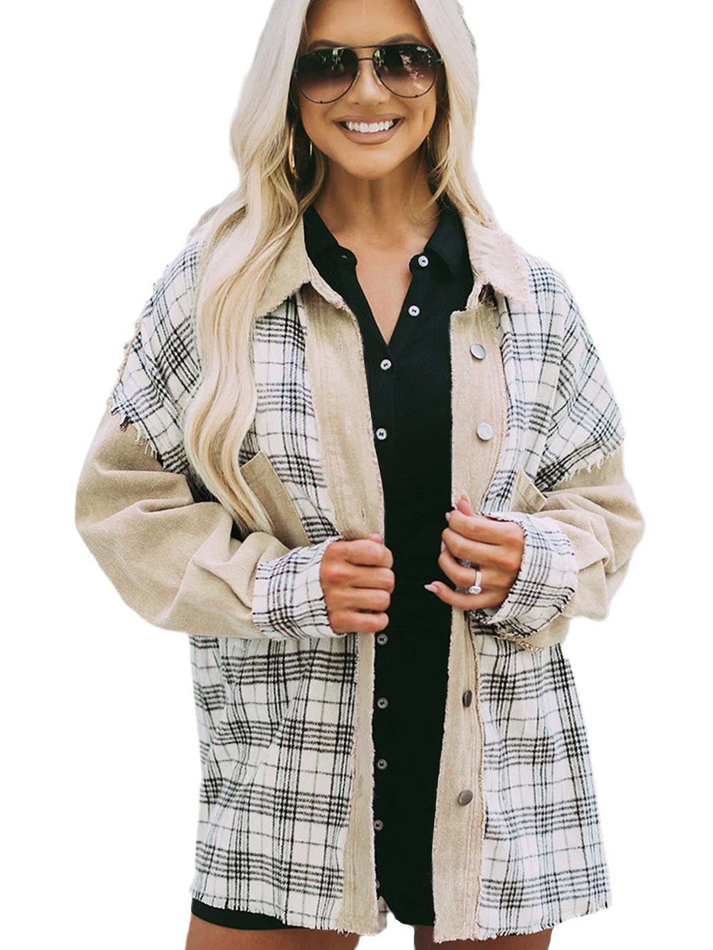 Khaki Plaid Patchwork Denim Shacket - Distressed Edges
