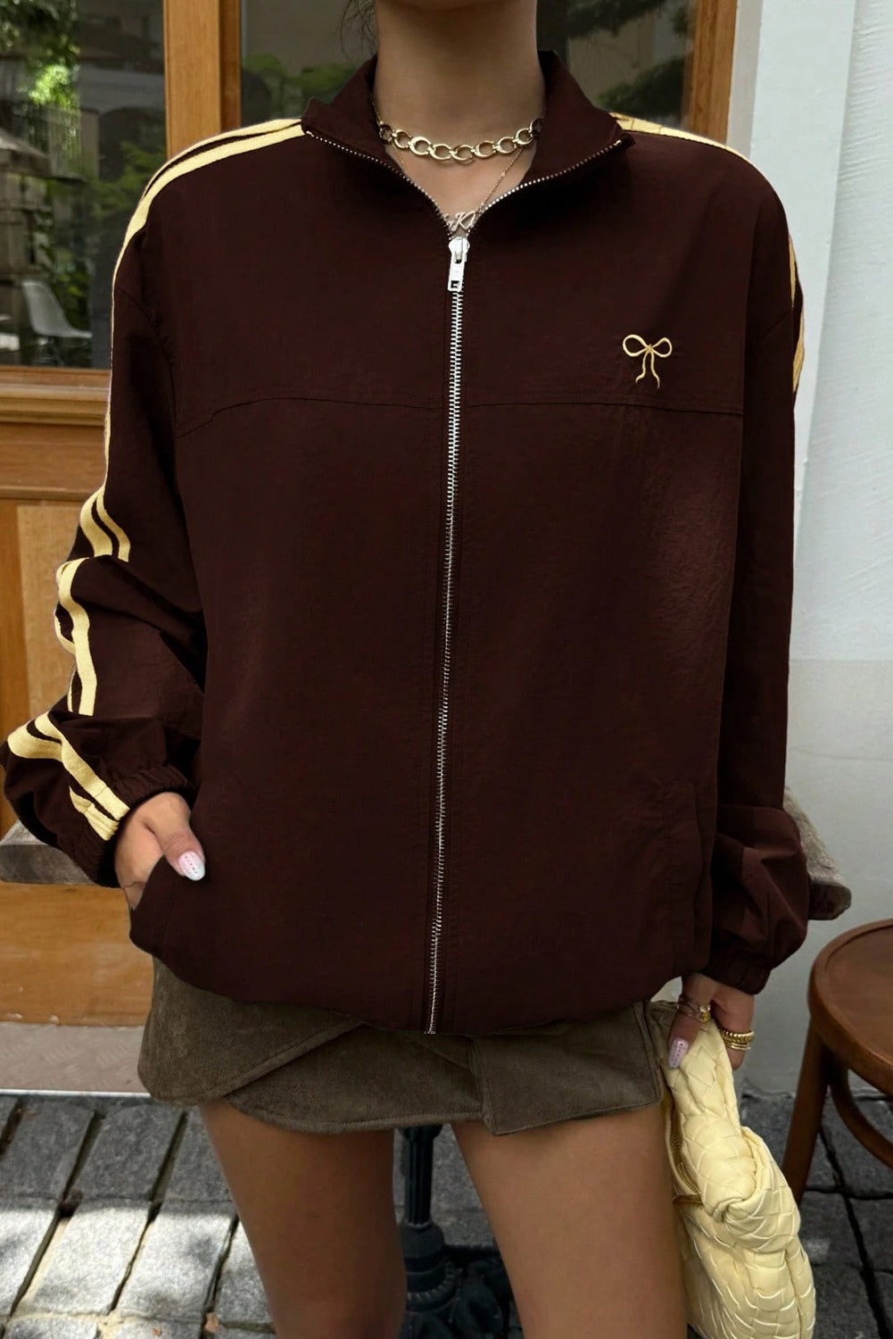 Coffee Bow Embroidered Detail Zip Up Sweatshirt Womens Jacket